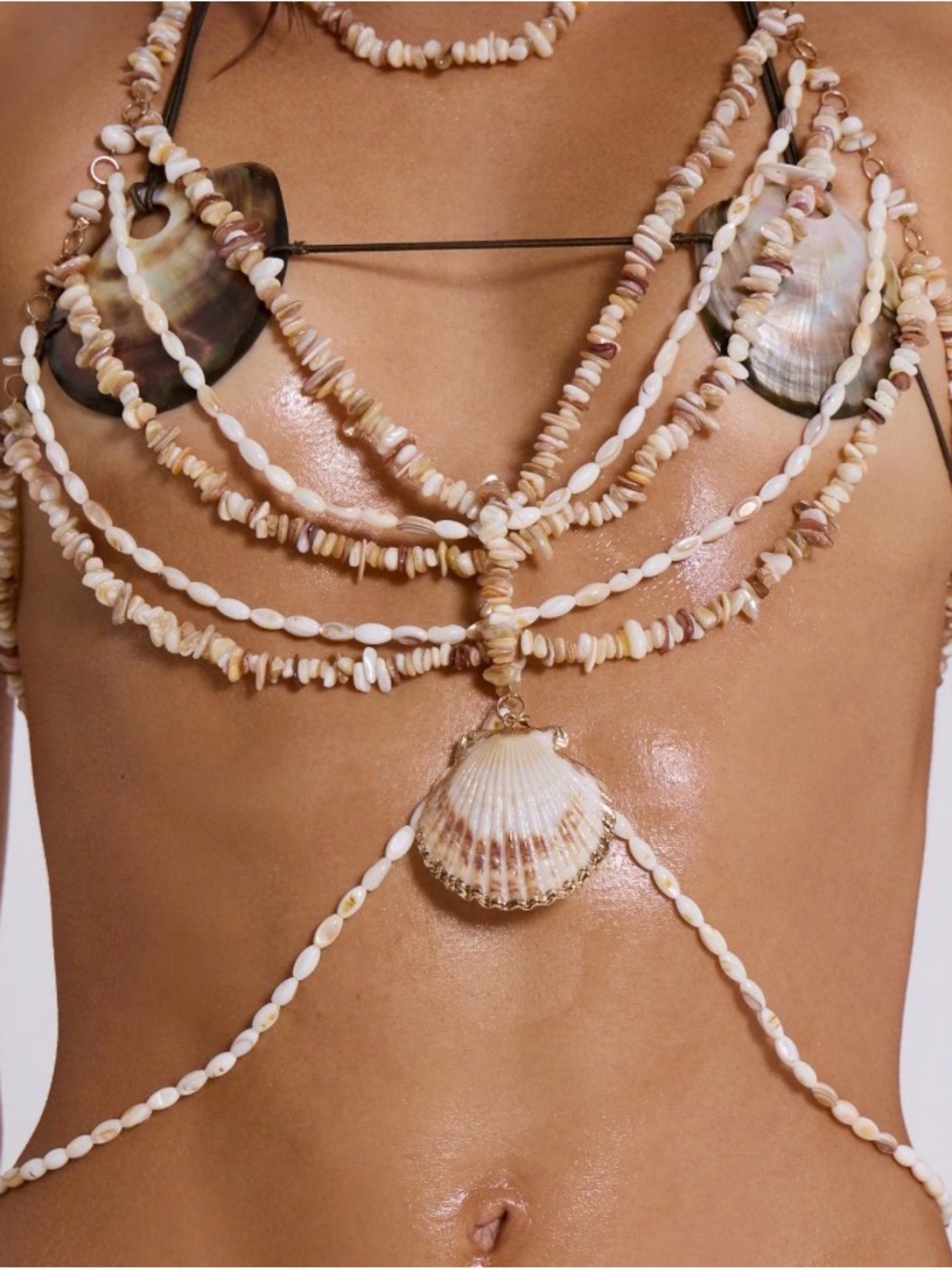 Jaded London Natural Shell Layered Body Chain in Ivory and Beige